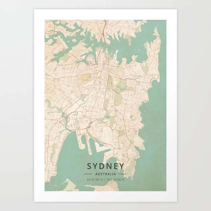 Sydney, Australia - Vintage Map Art Print