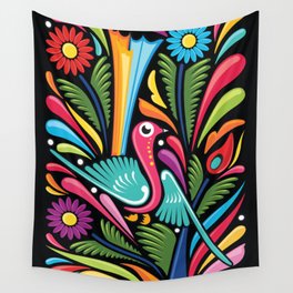 Mexican Otomi - Colorful Bird in Black Background by Akbaly Wall Tapestry
