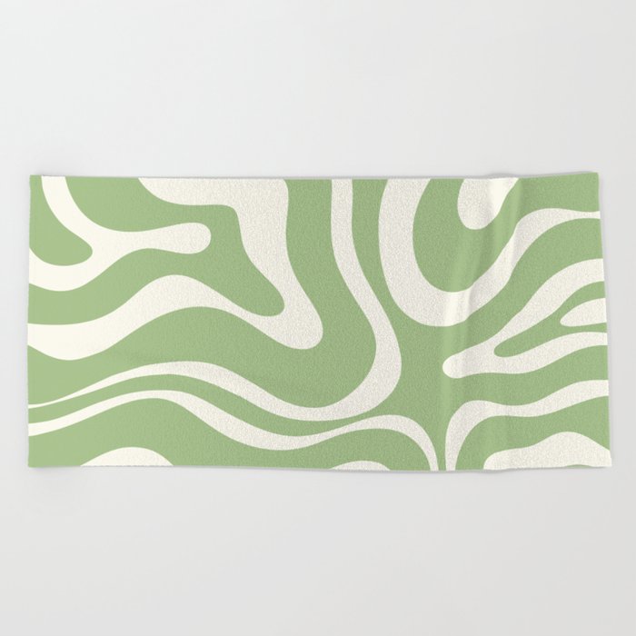 Modern Liquid Swirl Abstract Pattern in Light Sage Green and Cream Beach Towel