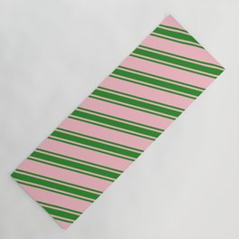[ Thumbnail: Pink and Forest Green Colored Pattern of Stripes Yoga Mat ]