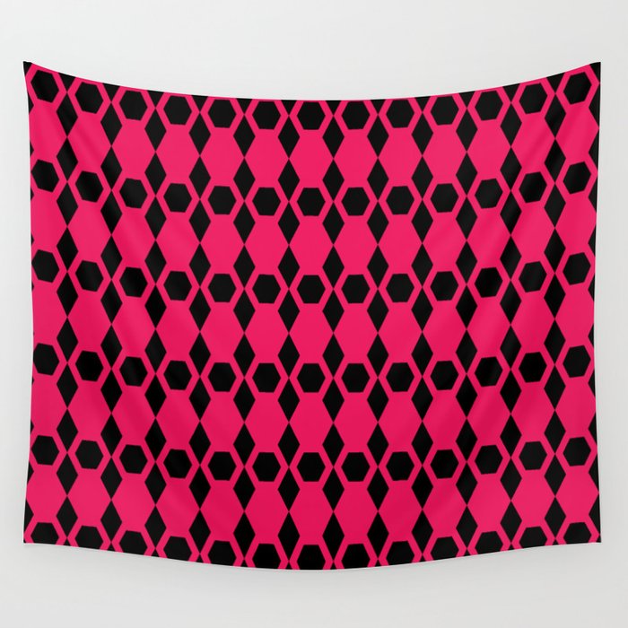 Hot Pink and Black Honeycomb Pattern Wall Tapestry