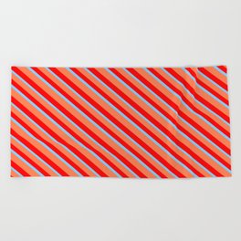 [ Thumbnail: Coral, Red & Light Sky Blue Colored Stripes/Lines Pattern Beach Towel ]