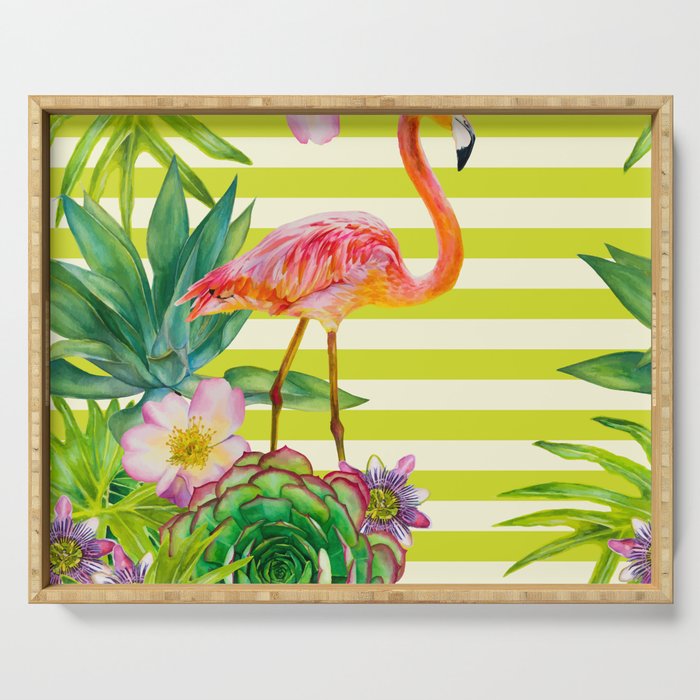 seamless pattern with pink flamingo and exotic tropical plants on a striped background Serving Tray