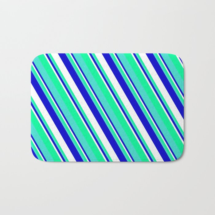 Blue, White, Green, and Turquoise Colored Striped/Lined Pattern Bath Mat