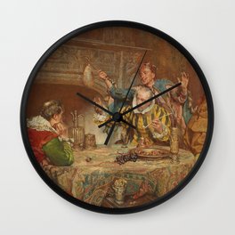Merry Dinner Party with Court Jester -  Edgar Bundy 1890 Wall Clock | Harlequin, Buffoon, Cartoon, Color, Court, Carnival, Medieval, Man, Costume, Hat 