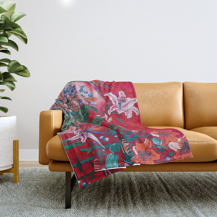 Ruby Red Floral Jungle Throw Blanket by Lara Lee Meintjes Society6