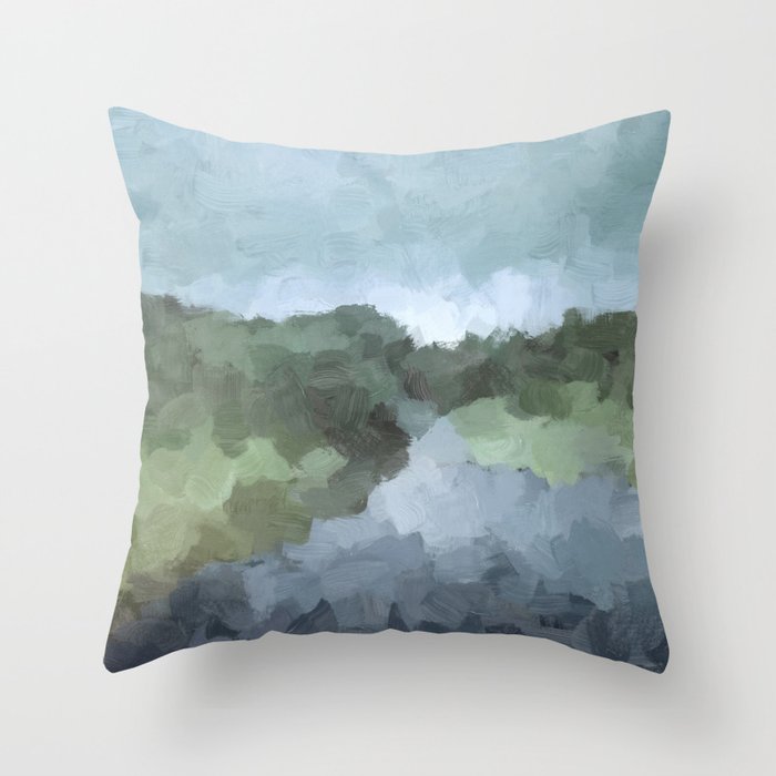 Trail at Dusk - Seafoam Skies Forest Green Navy Indigo River Abstract Nature Painting Art Print Throw Pillow