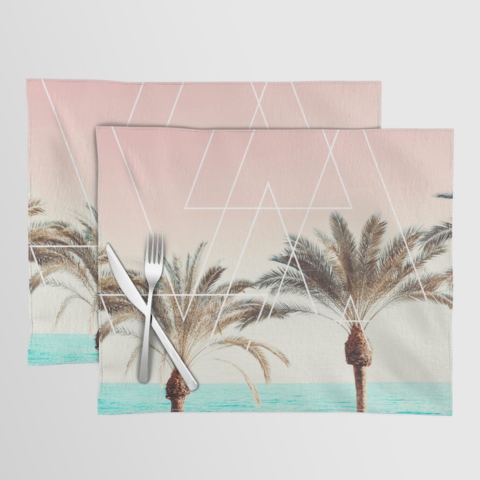 Modern tropical palm tree sunset pink blue beach photography white geometric triangles Placemat