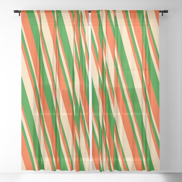 Red, Tan, and Green Colored Striped Pattern Sheer Curtain