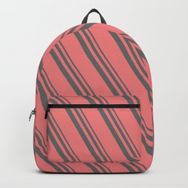 [ Thumbnail: Dim Grey & Light Coral Colored Lined/Striped Pattern Backpack ]