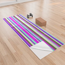 [ Thumbnail: Vibrant Aquamarine, Purple, Beige, Dark Olive Green & Fuchsia Colored Stripes Pattern Yoga Towel ]