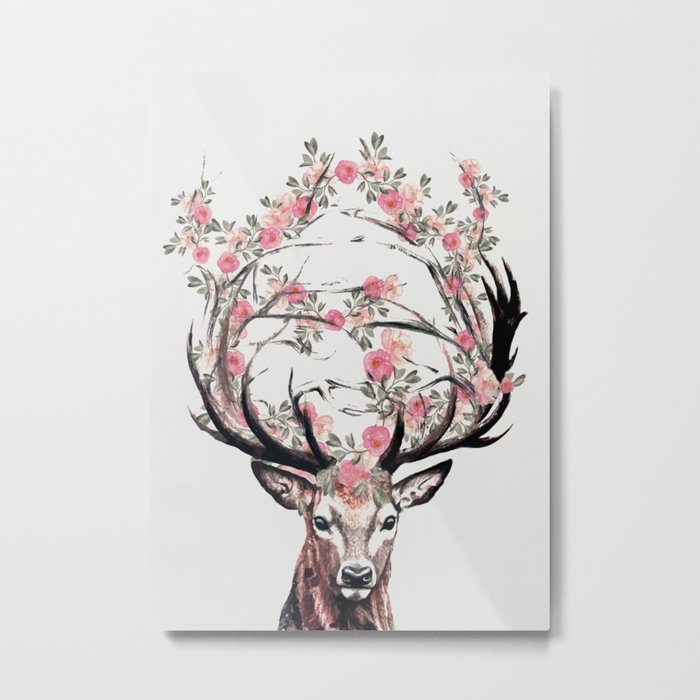 Deer and Flowers Metal Print