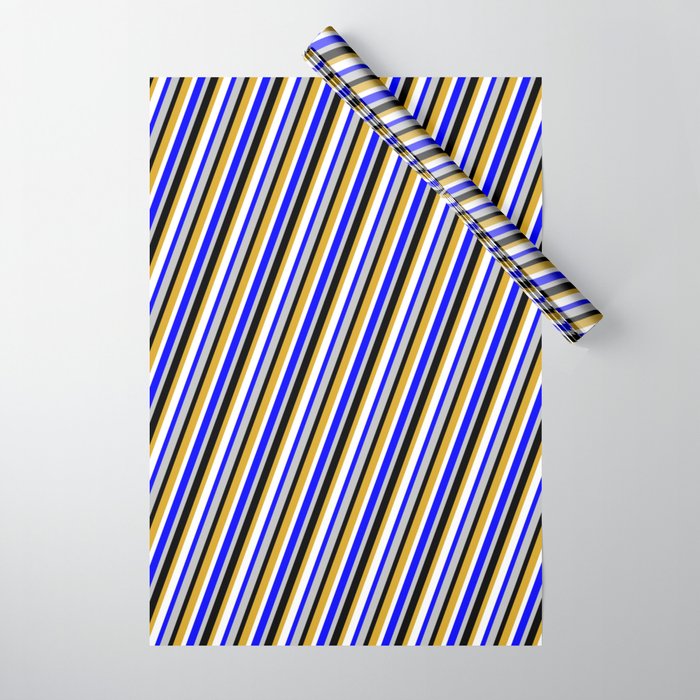 Blue, Grey, Black, Goldenrod, and White Colored Stripes Pattern Wrapping Paper