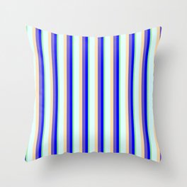 [ Thumbnail: Eye-catching Light Green, Blue, Slate Blue, Tan & Light Cyan Colored Striped/Lined Pattern Throw Pillow ]