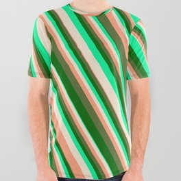[ Thumbnail: Vibrant Green, Beige, Light Salmon, Dark Olive Green & Dark Green Colored Striped/Lined Pattern All Over Graphic Tee ]