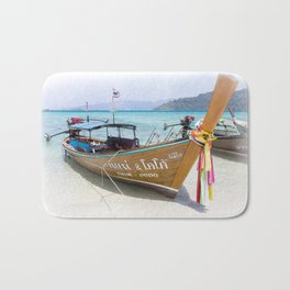 Long tail boat with prow ribbons on beach, Koh Lipe, Satun, Thailand Bath Mat | Exotiv, Southeastasia, Longtailboat, Whitesandbeach, Ribbons, Asian, Kohlipe, Ocean, Prow, Thailand 