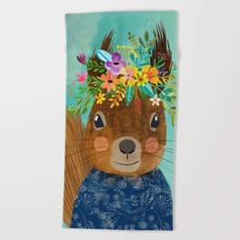 Squirrel with floral crown Beach Towel