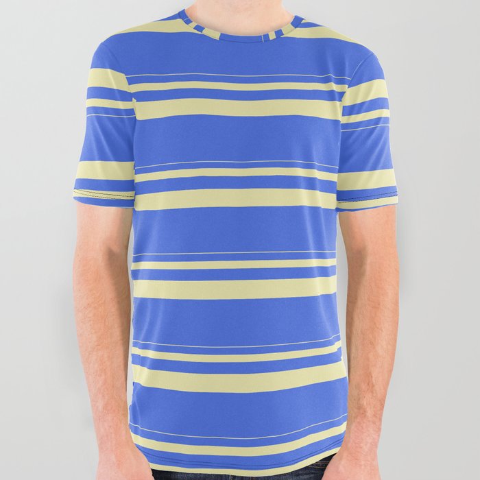 Pale Goldenrod & Royal Blue Colored Stripes/Lines Pattern All Over Graphic Tee