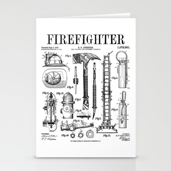 Firefighter Fire Department Fireman Vintage Patent Print Stationery Cards