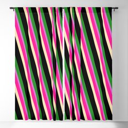 [ Thumbnail: Vibrant Deep Pink, Beige, Black, Forest Green, and Orchid Colored Lines Pattern Blackout Curtain ]