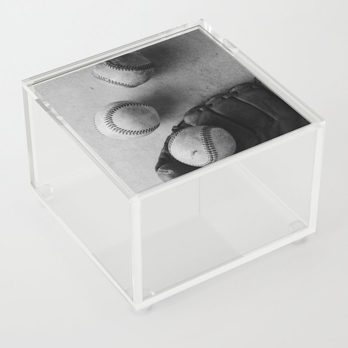Baseballs used in game with glove in black and white Acrylic Box
