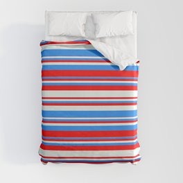 [ Thumbnail: Blue, Red & Mint Cream Colored Stripes Pattern Duvet Cover ]