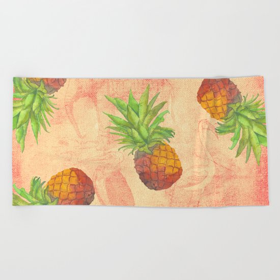 Retro Vintage Pineapple with Grunge Animals Background on #Society6 Beach Towel