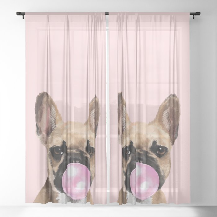 French Bull Dog with Bubblegum in Pink Sheer Curtain