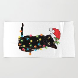 Santa Black Cat Tangled Up In Lights Christmas Santa Graphic Beach Towel