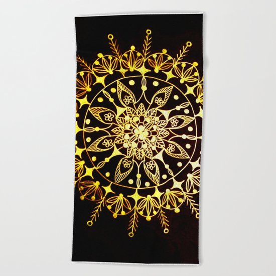 Gold Metallic Mandala on Black Background #2 Beach Towel