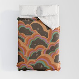 Retro 70s Inspired Boho Rainbow Clouds Pattern Duvet Cover