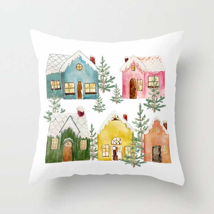 Colorful Winter Cottages Throw Pillow