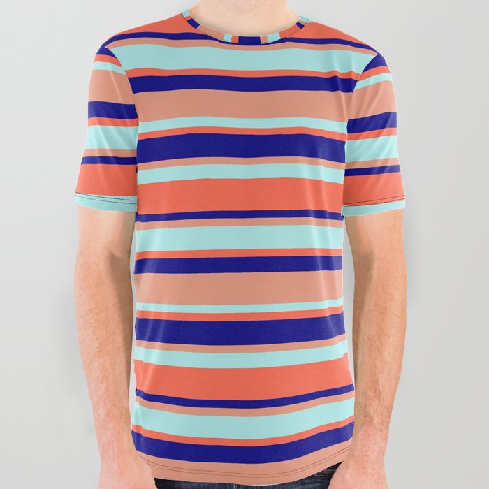 Blue, Dark Salmon, Turquoise, and Red Colored Striped/Lined Pattern All Over Graphic Tee