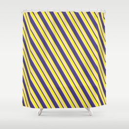 [ Thumbnail: Yellow, Tan, and Dark Slate Blue Colored Striped/Lined Pattern Shower Curtain ]