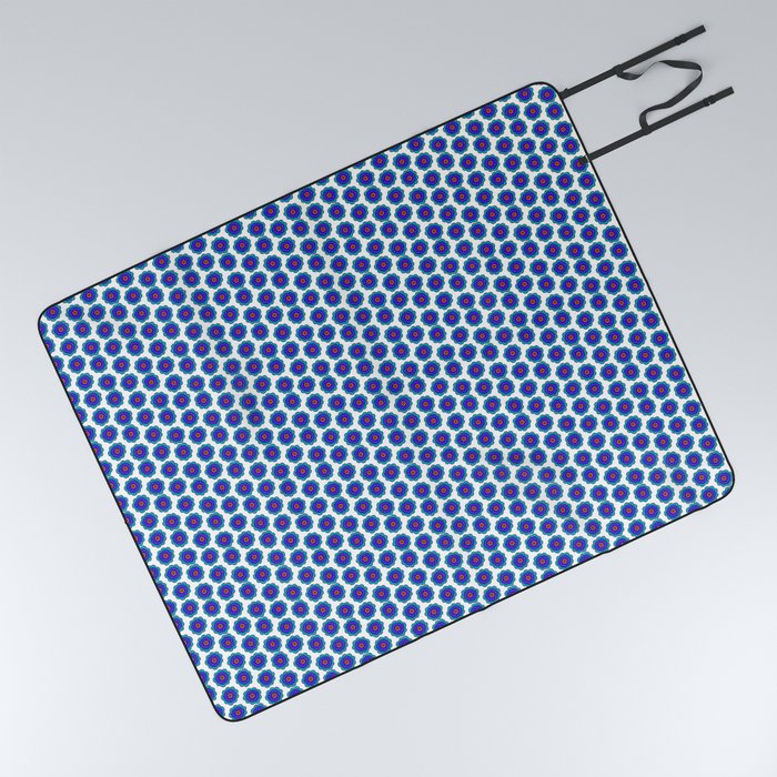 Simple Blue Flowers with Polka Dots on White Picnic Blanket