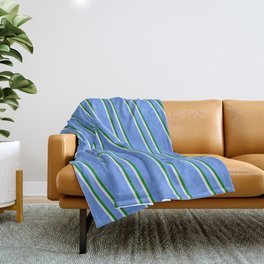 [ Thumbnail: Cornflower Blue, Green & Lavender Colored Lined Pattern Throw Blanket ]