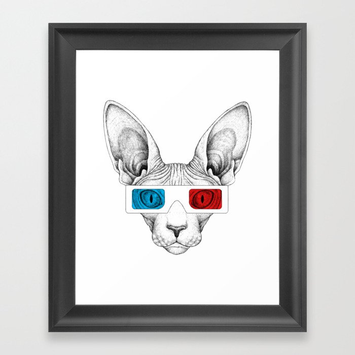 Sphynx Cat Wears 3d Glasses Framed Art Print By Starvingmonkey