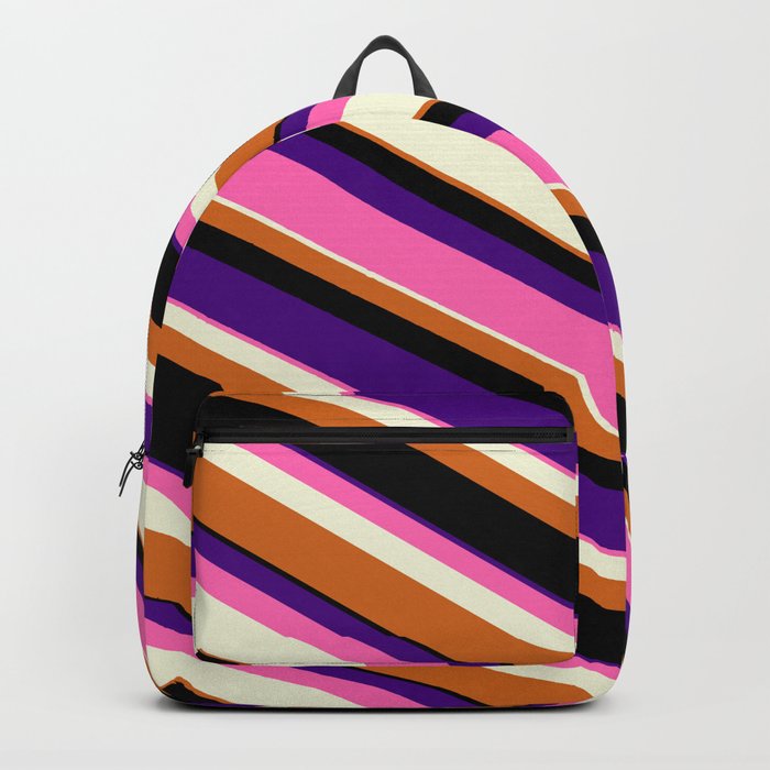 Colorful Indigo, Hot Pink, Beige, Chocolate & Black Colored Lined Pattern Backpack