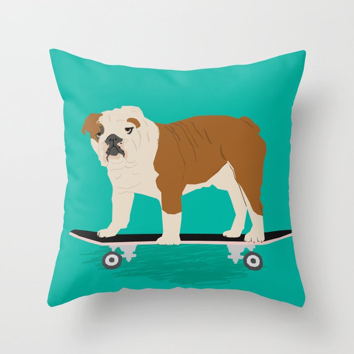 English bulldog skateboard funny pet portrait cute gift for dog person dog lover bulldog owner gifts Throw Pillow