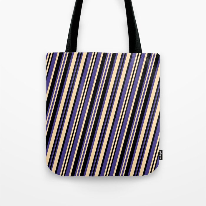 Dark Slate Blue, Tan & Black Colored Pattern of Stripes Tote Bag