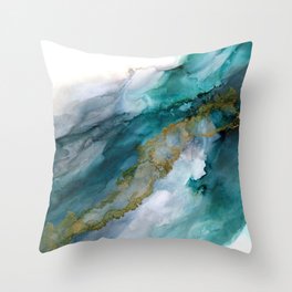 Wild Rush - abstract ocean theme in teal gray gold, marble pattern Throw Pillow