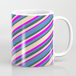 [ Thumbnail: Tan, Fuchsia, Blue, and Dark Slate Gray Colored Stripes Pattern Coffee Mug ]