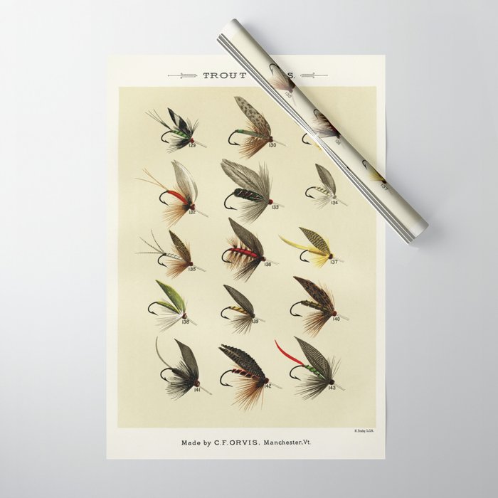 Vintage Fly Fishing Print - Trout Flies Wrapping Paper by SFT