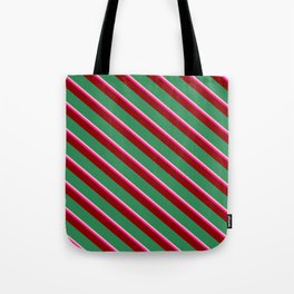 [ Thumbnail: Light Pink, Deep Pink, Dark Red & Sea Green Colored Striped Pattern Tote Bag ]