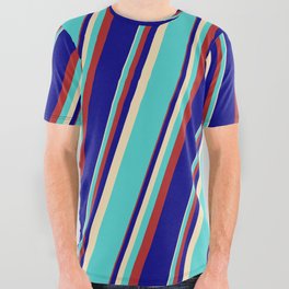 [ Thumbnail: Tan, Turquoise, Red & Blue Colored Lined Pattern All Over Graphic Tee ]
