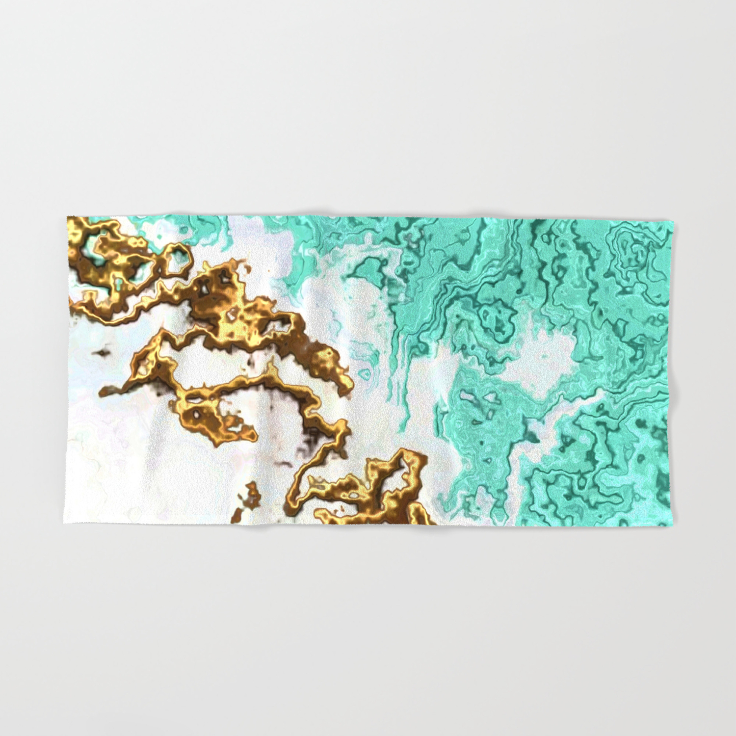 Turquoise Gold White Abstract Digital Painting Hand Bath Towel