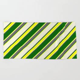 [ Thumbnail: Beige, Dim Gray, Dark Green & Yellow Colored Lined Pattern Beach Towel ]