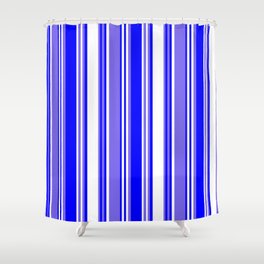 [ Thumbnail: Medium Slate Blue, White, and Blue Colored Lined/Striped Pattern Shower Curtain ]