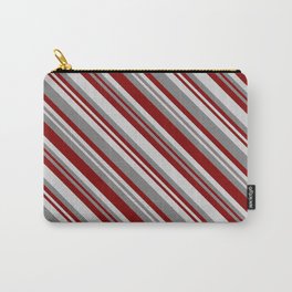 [ Thumbnail: Grey, Maroon, and Light Gray Colored Stripes Pattern Carry-All Pouch ]