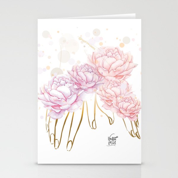 golden hands with pink peonies Stationery Cards